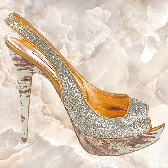 Miu Miu Embellished Silver Glitter Peep Toe Leather Slingback Shoes 8.5 - Picture 9 of 14